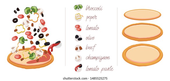 Pizza set with different vegetables like broccoli, beef, mushrooms, pepper, tomatoes, olives and tomato paste. Construct your own pizza with different filling for a cafe or restaurant. Italian pizza.