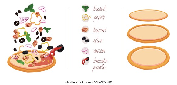 Pizza set with different vegetables like Basil, pepper, bacon, olives, onion and tomato paste. Construct your own pizza with different filling for a cafe or restaurant. Italian pizza and ingredients.