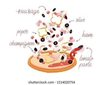 Pizza set with different vegetables like sausages, pepper, mushrooms and tomato paste. Construct your own pizza with different filling for a cafe or restaurant. Italian pizza and ingredients.