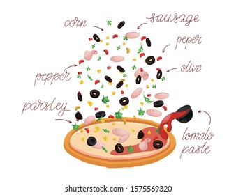 Pizza set with different vegetables like sausages, pepper, corn, olives and tomato paste. Construct your own pizza with different filling for a cafe or restaurant. Italian pizza and ingredients.
