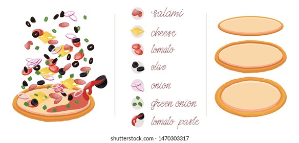 Pizza set with different vegetables and meat like salami, cheese, tomatoes, olives, onions and tomato paste. Construct your own pizza with different filling. Italian pizza and ingredients.