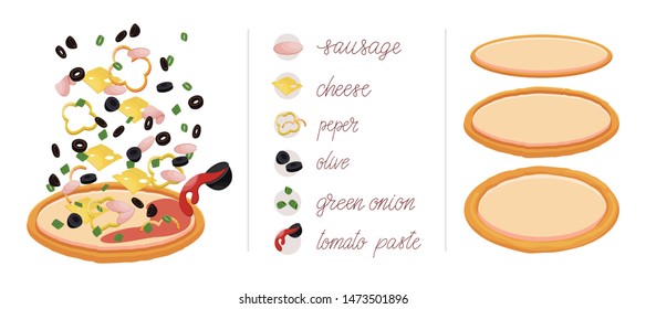 Pizza set with different vegetables and meat like sausages, ham, cheese, pepper, olives, green onions, and tomato paste. Construct your own pizza with different filling. Italian pizza and ingredients.