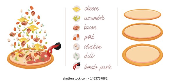 Pizza set with different vegetables and meat like cheese, pickled cucumber, bacon, pork, chicken, dill and tomato paste. Construct your own pizza with different filling. Italian pizza and ingredients.