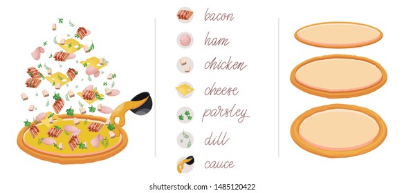 Pizza set with different vegetables and meat like bacon, ham, chicken, dill, parsley, cheese sauce. Construct your own pizza with different filling. Italian pizza and ingredients.