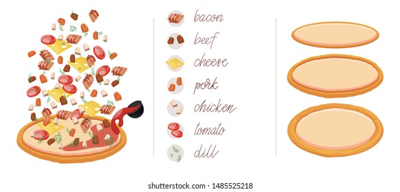 Pizza set with different vegetables and meat like bacon, beef, cheese, pork, chicken, tomato and tomato paste. Construct your own pizza with different filling. Italian pizza and ingredients.