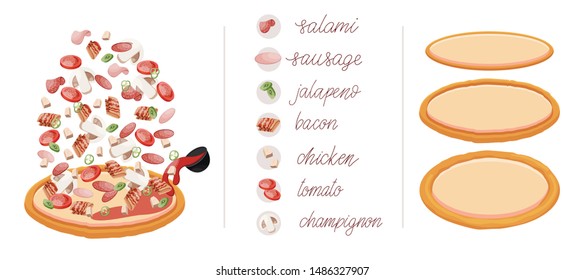 Pizza set with different vegetables and meat like salami, sausages, jalapeno, bacon, chicken, tomato, champignon and tomato paste. Construct your own pizza with different filling. 