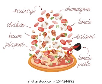 Pizza set with different vegetables and meat like salami, sausages, jalapeno, bacon, chicken, tomato, champignon and tomato paste. Construct your own pizza with different filling. Pizza and ingredient