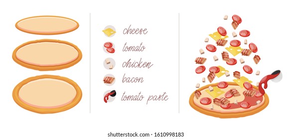 Pizza set with different vegetables and meat like cheese, tomato, chicken, bacon and tomato paste. Construct your own pizza with different filling. Italian pizza and ingredients.