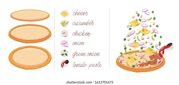Pizza set with different vegetables and meat like cheese, pickled cucumber, chicken, onion, green onion. Construct your own pizza with different filling. Italian pizza and ingredients.
