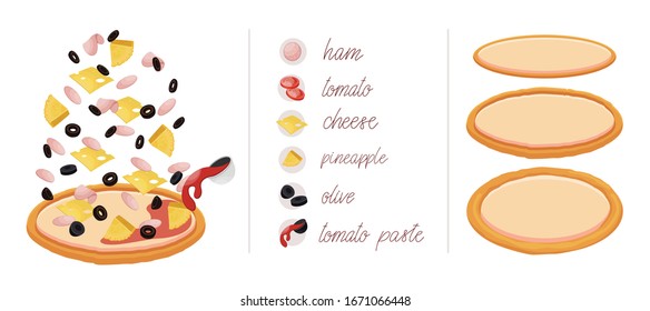 Pizza set with different vegetables and meat like ham, cheese, pineapple, tomato, olives and tomato paste. Construct your own pizza with different filling. Italian pizza and ingredients.