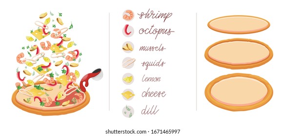 Pizza set with different vegetables and meat like shrimp, octopus, mussels, squid, lemon, cheese, dill and tomato paste. Construct your own pizza with different filling. Italian pizza and ingredients.
