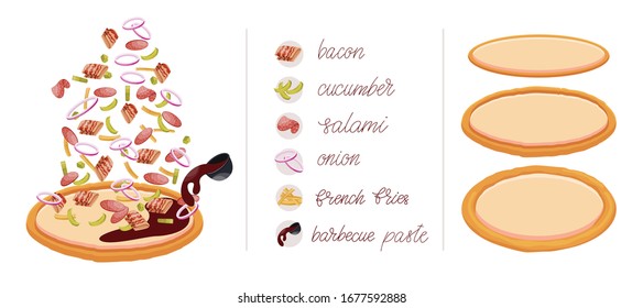 Pizza set with different vegetables and meat like bacon, salami, pickled cucumber, onion, French fries, and  sauce. Construct your own pizza with different filling. Italian pizza and ingredients.