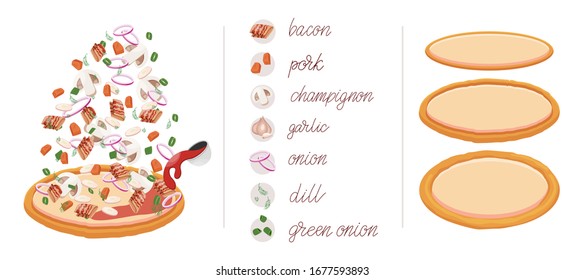 Pizza set with different vegetables and meat like bacon, pork, mushrooms, garlic, onion, dill and tomato paste. Construct your own pizza with different filling. Italian pizza and ingredients.