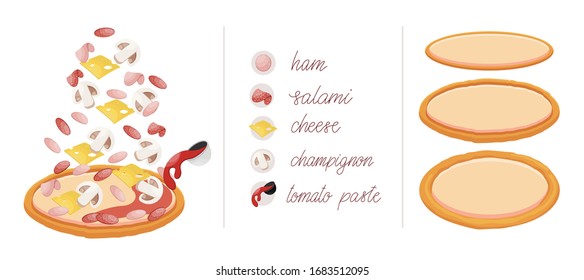 Pizza set with different vegetables and meat like mushrooms, ham, salami, cheese, mushrooms, champignon and tomato paste. Construct your own pizza with different filling. Italian pizza and ingredients