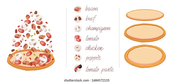 Pizza set with different vegetables and meat like bacon, beef, mushrooms, tomatoes, chicken, pepper and tomato paste. Construct your own pizza with different filling. Italian pizza and ingredients.