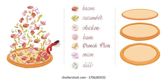 Pizza set with different vegetables and meat like pickled cucumber, chicken, ham, French fries, dill and tomato paste. Construct your own pizza with different filling. Italian pizza and ingredients.