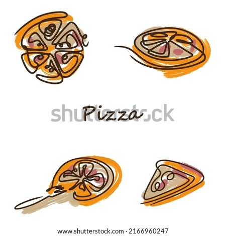 Pizza set in doodle and line style, tasty and colorful. Vector set of cartoon pizza slices, whole and sliced, acrylic paint strokes