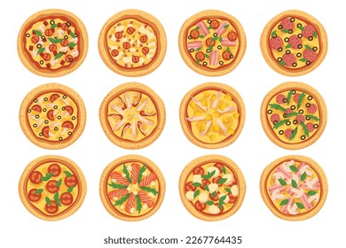 Pizza Set Con Varios Tapones Sobre Costras Redondas. Pepperoni, Hongos, Cebollas, Tomates Y Olivas Para Menú De Restaurante, Servicio De Entrega De Comida O Concepto De Cocina. Ilustración del vector de dibujos animados