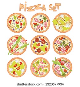 Pizza. Set. Food cartoon. Isolated vector object on white background.