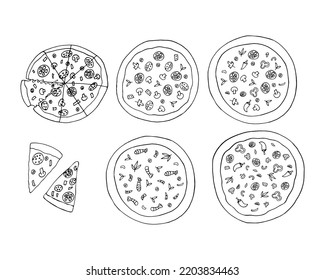 pizza set hand drawn in doodle style. icon, sticker, menu.