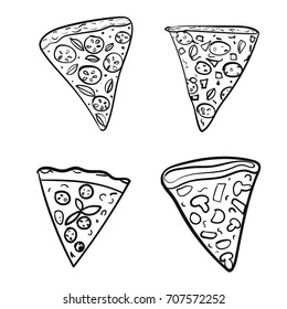 Pizza set in hand drawn doodle style for pizzeria, menu and creative design. Vector illustration. Isolated on white background