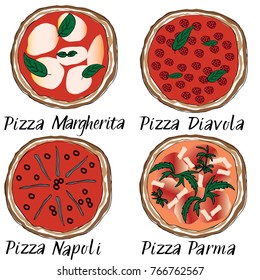 Pizza set hand drawn doodle graghic. Margherita, Diavola, Napoli, Parma Italian names lettering