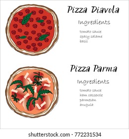 Pizza set hand drawn doodle graghic. Diavola, Parma Italian names lettering with list of ingredients
