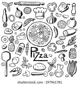 Pizza. Set hand drawn elements. Vector illustration for backgrounds, web design, design elements, textile prints, covers, posters,  menu