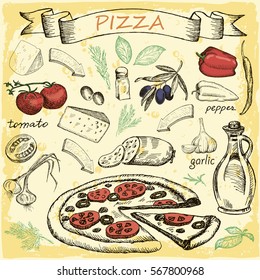 Pizza with set of ingredients