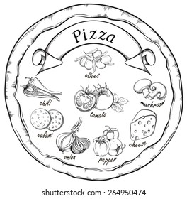 Pizza with set of ingredients and banner for design menu. Vintage fast food background. Hand drawn illustration