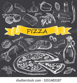 Pizza with set of ingredients for design menu. Vintage fast food background with yellow ribbon. Hand drawn illustration.