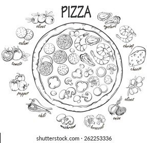 Pizza with set of ingredients for design menu. Vintage fast food background. Hand drawn illustration 