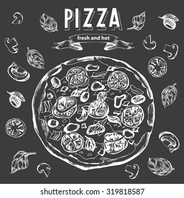 Pizza with set of pizza ingredients for design menu. Vintage fast food background. Hand drawn illustration. Template Vector