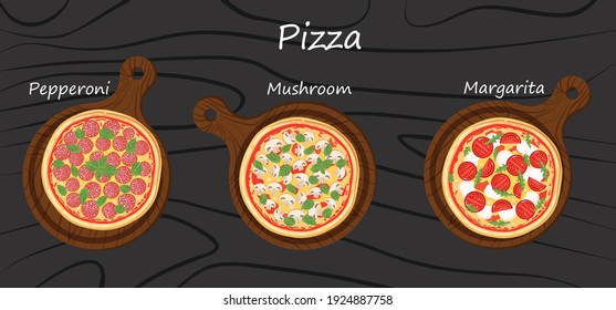 Pizza set isolated on background. Vegetable, seafood, farm. Vector illustrations of pizza for menu, poster, advertisement, banner, website.