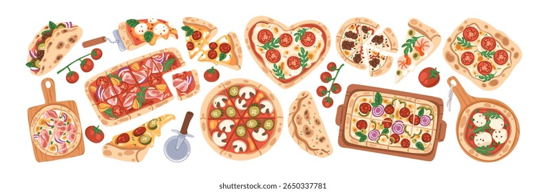 Pizza pronta. Comida italiana em tábuas de madeira, vista superior. Círculos inteiros, fatias cortadas, pedaços cozidos ao fogo com diferentes ingredientes, crosta, formas. Ilustrações de vetor planas isoladas no plano de fundo branco