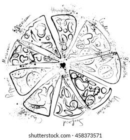 Pizza set - italian, mexican, margarita, cheese, pepperoni collection watercolor