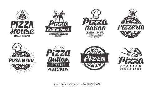 Pizza set logo, label, element. Pizzeria, restaurant, food icons. Vector illustration