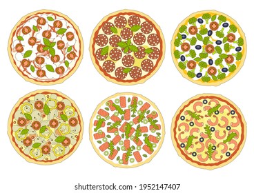 Pizza set - Margarita, pepperoni, seafood pizza with shrimps, fish pizza with salmon, mushroom with champignons, vegetable with broccoli - italian baked food isolated on white - vector design elements