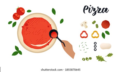 Pizza Set. Modern Flat Vector Illustration. Pizza with Tomato Sauce with Delicious Ingredients on Isolated Background. Hand Holding Spoon with Sauce.