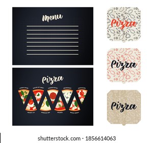 Pizza Set. Modern Flat Vector Concept Illustrations. Pizza Kinds Poster, Template Menu on a Blackboard, Various Pattern Design of Pizza Cardboard.