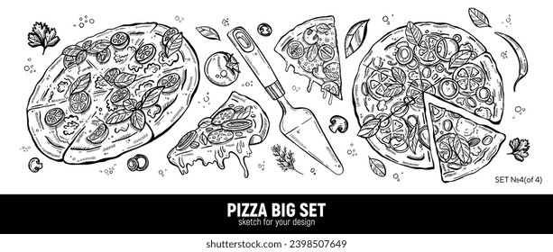 Pizza set, mozzarella, pepperoni slice, pizza spatula and pizza ingredients. Hand drawing sketch.