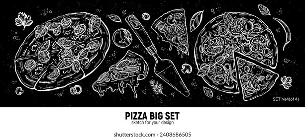 Pizza set, mozzarella, pepperoni slice, pizza spatula and pizza ingredients. Hand drawing sketch.