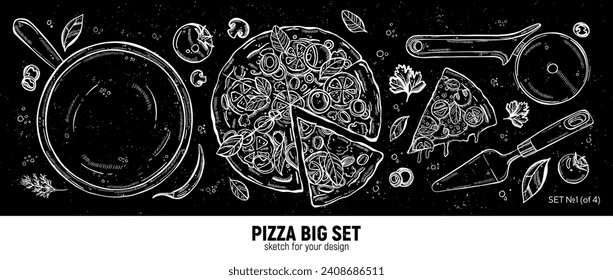 Pizza set, mozzarella, pepperoni slice, pizza spatula, roller blade, pizza board and ingredients. Hand drawing sketch.