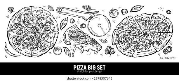 Pizza set, mozzarella, roast beef and arugula pizza, pepperoni slice, rollerblade, and ingredients. Hand drawing sketch.