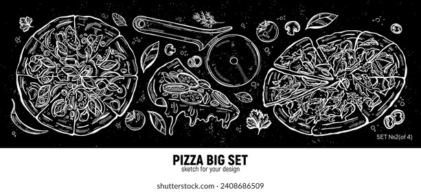 Pizza set, mozzarella, roast beef and arugula pizza, pepperoni slice, rollerblade, and ingredients. Hand drawing sketch.