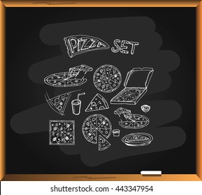 Pizza set on blackboard background. Free hand drawn. Vector illustration.