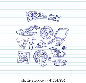 Pizza set on copybook background. Free hand drawn. Vector illustration.
