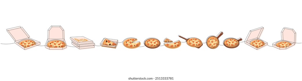 Conjunto de pizza de una línea de dibujo continuo de color. Piezas enteras y pizzas italianas continua ilustración de una línea.