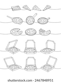 Pizza set one line continuous drawing. Whole and pieces italian pizzas continuous one line illustration. Vector linear illustration.