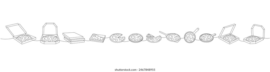 Pizza set one line continuous drawing. Whole and pieces italian pizzas continuous one line illustration.